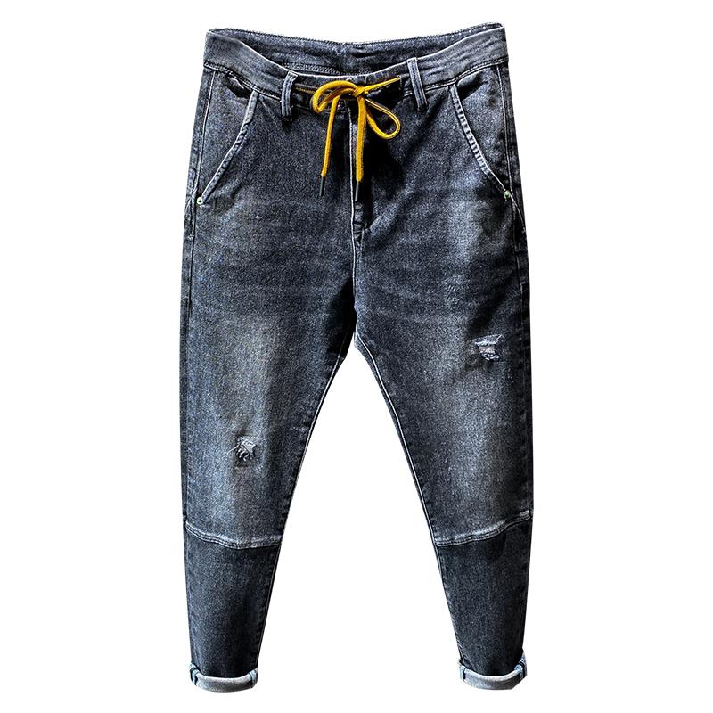 

Men's Jeans Ripped Men Hip Hop Pants Elastic Waist Drawstring Destroyed Harem Korean Style Streetwear Distressed Male Denim TrousersMen's, Gray