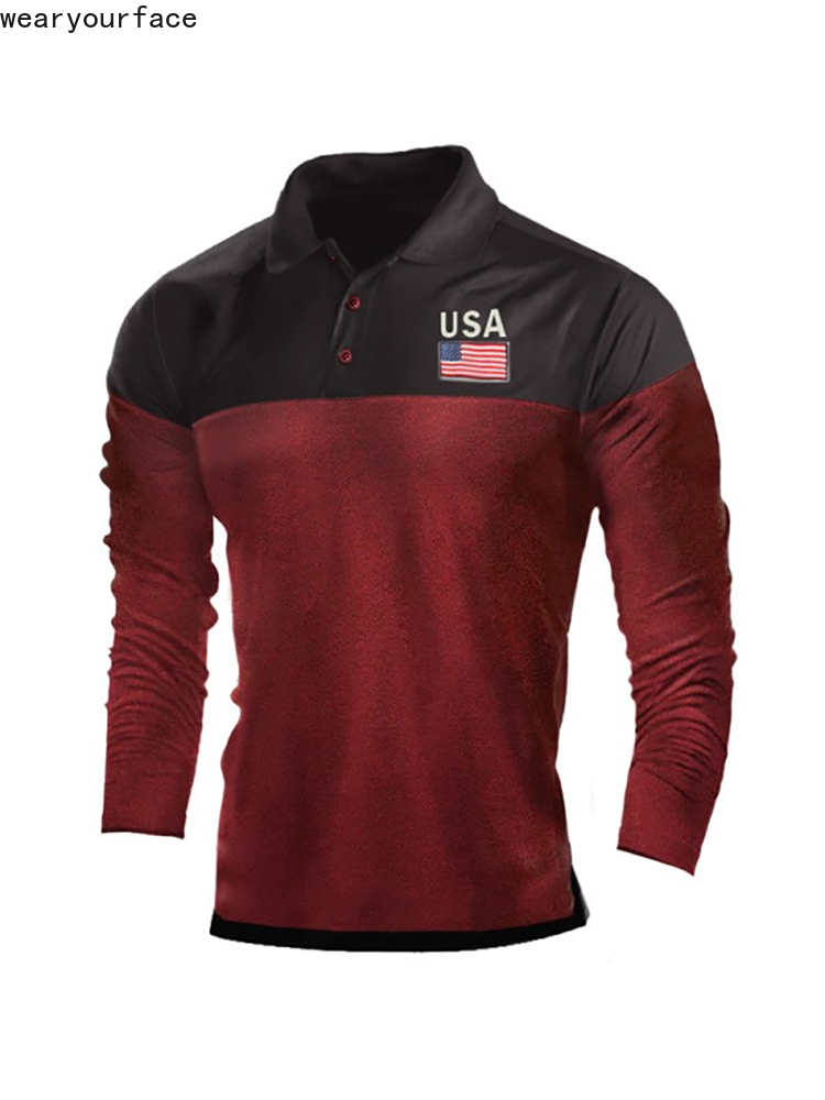 

USA Flag Contrast Colors Polo Shirt 3D All Over Printed Button Up Full Sleeves Streetwear Sport Golf Top Casual Men Clothing