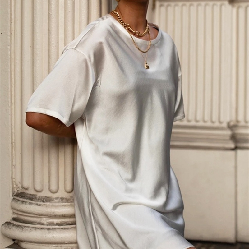 

WOTWOY Summer Oversized Long Satin T-shirt Women Shinny Silky Loose Tops Female Casual Black White Short Sleeve Tee Shirts 220321, 339-khaki