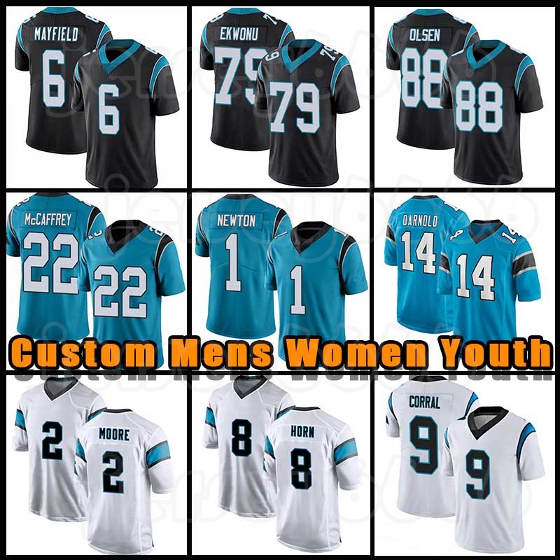 

6 Baker Mayfield 22 Christian McCaffrey 79 Ikem Ekwonu Football Jerseys Jeremy Chinn DJ Moore Panther Cam Newton Sam Darnold Jaycee Horn Matt Corral Shaq Thompson, Custom youth(heibao)