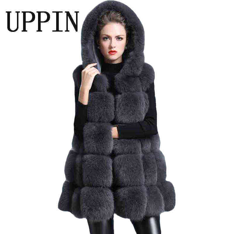 

Upin 2019 Winter Jacket Women Thick Faux Fur Vest Hooded Fox Mid-Long Paragraph A Word Big sling Gilet 5xl J220719, Grey