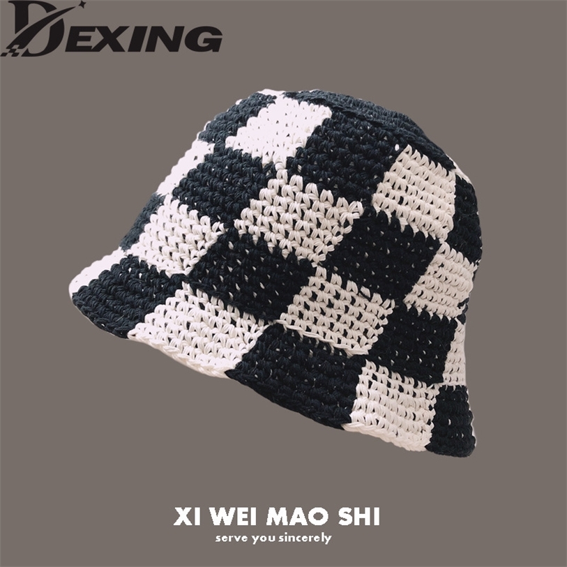 

Korean Hand Made Crochet Bucket Hats Spring Summer Soft Sun Hat Women Plaid Designer Bob Fisherman Cap 220427, Like picture