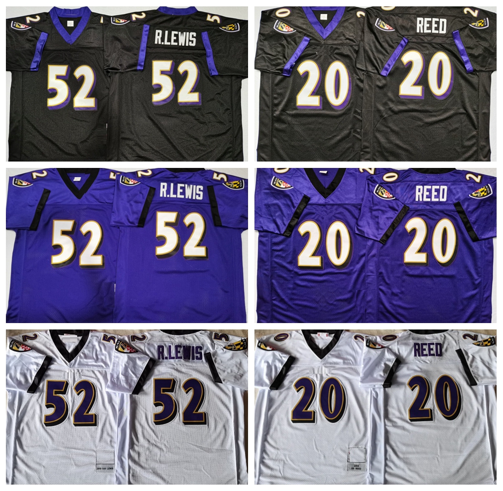 

Vintage 2000 Mens 52 Ray Lewis 20 Ed Reed Football Jerseys Purple White Black Stitched Shirts, Black52
