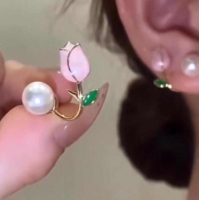 

14k Gold plated Pink tulips Ear Studs natural Freshwater pearl Earrings white Lady/girl wedding Fashion jewelry