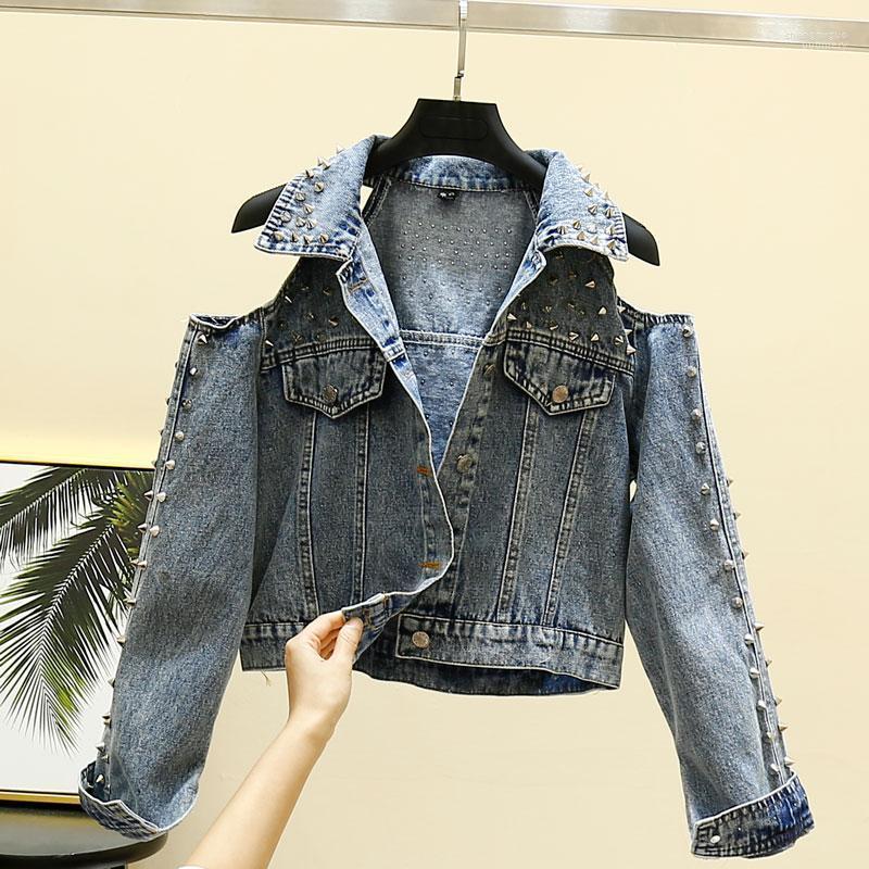 

Women's Jackets 2022 Autumn Denim Jacket Long Sleeve Rivet Strapless Sexy Jeans Loose Casual Basic Coats Outerwear Tops R209, Denim blue
