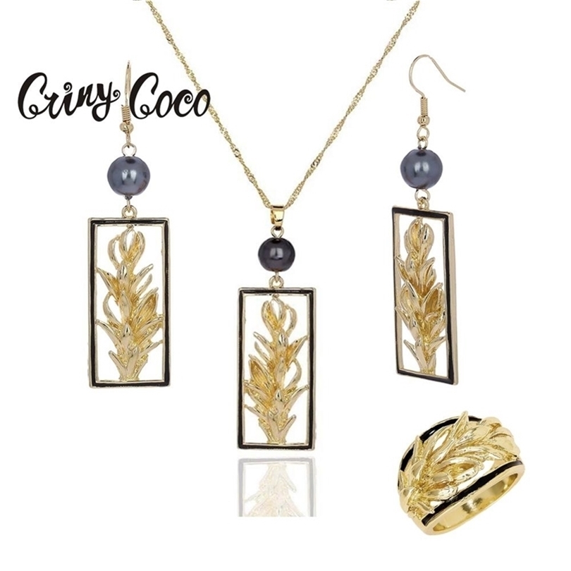 

Hawaiian Gold Jewelry Pearl Set Trendy Plant Drop Earrings Polynesian Rings Chian Necklaces Sets for Women Party Wholesale 201222