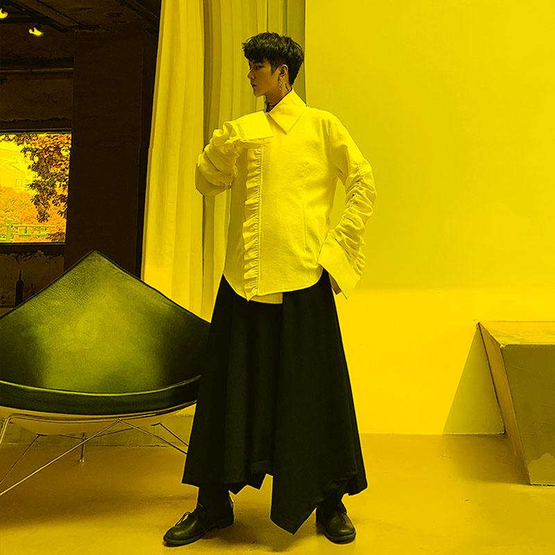 

Men' Casual Shirts Japan Streetwear Men Shirt Style Jacket Male Pleated Flare Sleeve Vintage Fashion Gothic Coat Outerwear Stage ClothesMen, Black