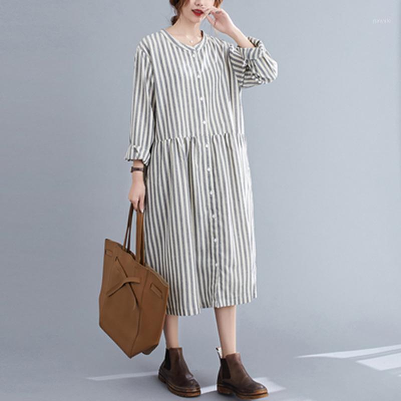 

Spring/autumn Women Loose Casual O-neck Long Sleeve Mid-calf Dress Single-breasted Striped Cotton Linen Mori Girl A629 Dresses, Gray