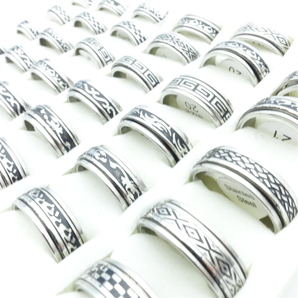 

Whole 100pcs Lot Fashion Stainless Steel Spin Band Rings Black Etched Mixed Patterns Jewelry Mens Womens Rotatable Party Ring 203z