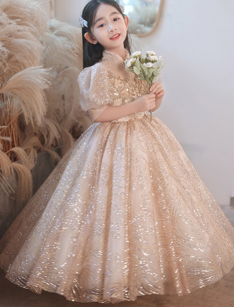Lovely Ball Gown Flower Girl Dresses with Floral Appliques Beaded Short Sleeve Sequined First Holy Communion Dress Cute Girls Pageant Gowns-image-759184638