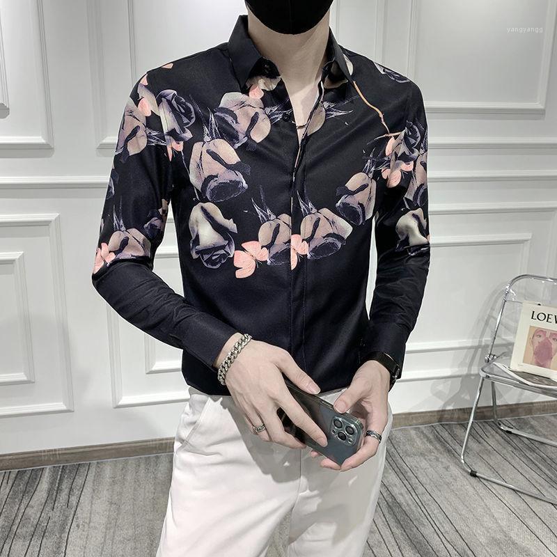 

Men's Casual Shirts Nightclub Camisa Masculina Luxury Floral Shirt Slim Vestido Social Long Sleeve 2022 Fall, Black