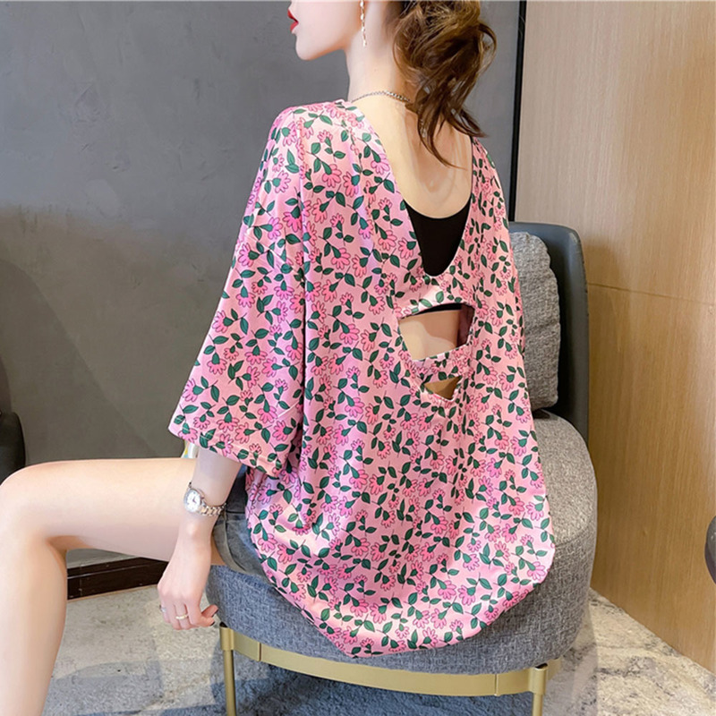 

Flowers Short-sleeved T-shirt Women's Summer Korean Loose Large Size Women's Mid-length All-match Sexy Backless Tees Clothes, Black
