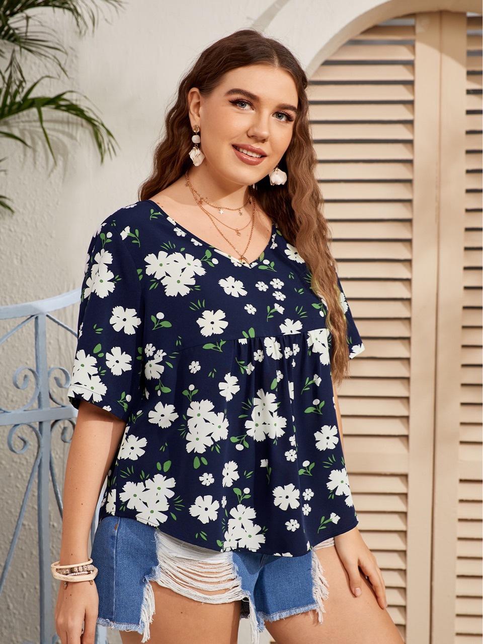 

Women's Plus Size T-Shirt Large Size Tops Printed V-neck, Blue