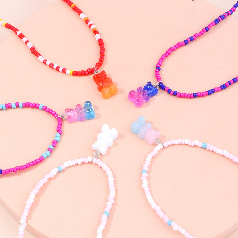 

Korean Bohemia Colorful Bear Pendant Choker Rice Beaded Necklace for Women Girls Gummy Resin Multicolor Summer Beach Party Gifts