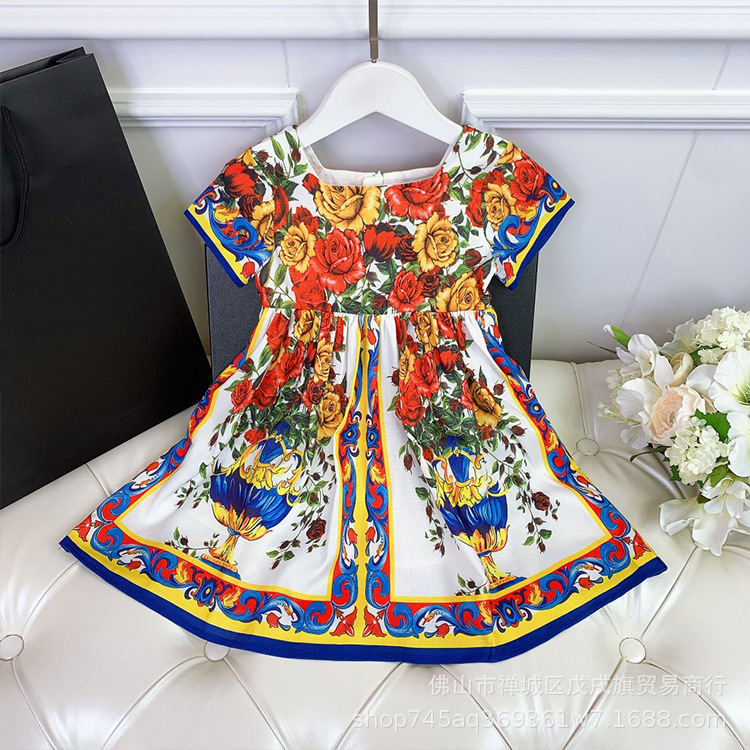 

girls' spring summer Printed Dress court short sleeve vacation comfortable breathable Korean princess skirt, Color
