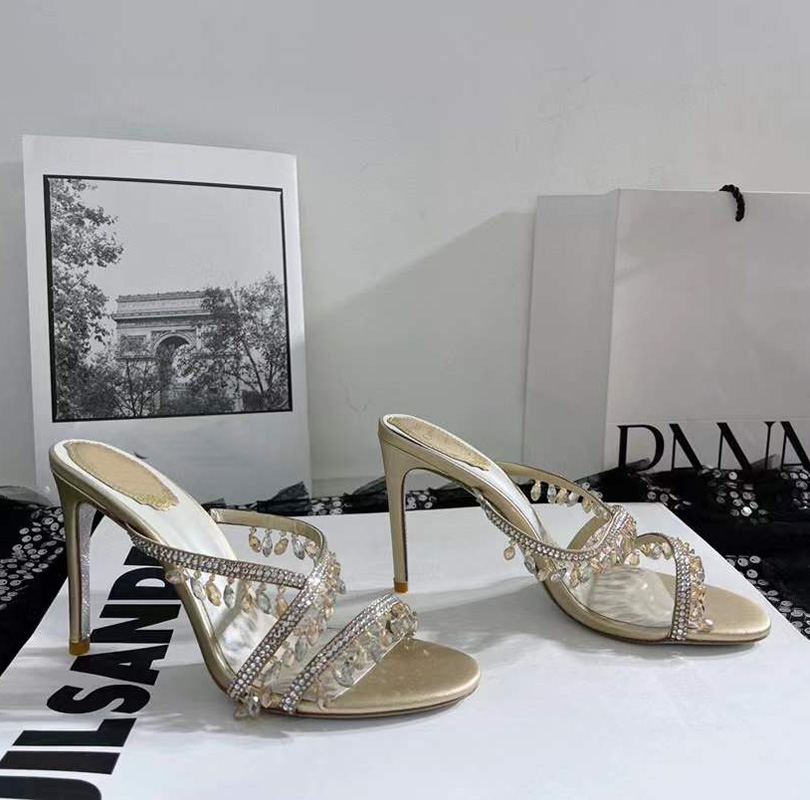 

top-level leather crystal embellished strap slippers mules Evening shoes Rhinestone spool Heel women's heels Luxury Designers heeled sandals factory footwear 43, Gifts are not sold separately