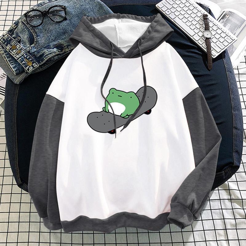 

Women's Hoodies & Sweatshirts 2022 Fashion Plus Velvet Cute Frog Print Stitching Long-sleeve Sweatshirt Female Casual Loose Hooded Tops #T2G, Green sweatshirt