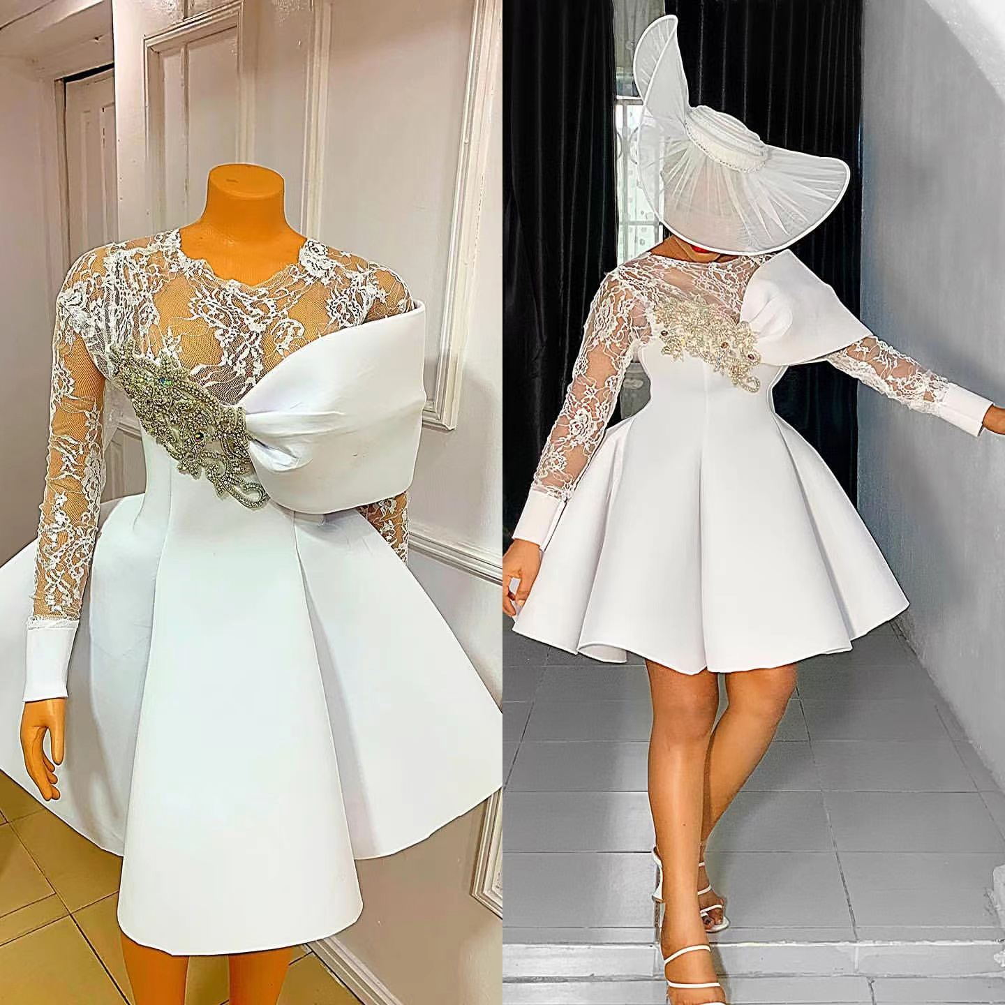 Gorgeous Short Party Prom Dress With Sheer Neck Crystals Long Sleeve White Mini Knee Length Gowns vestido de noiva Evening Party Dresses-image-760515446