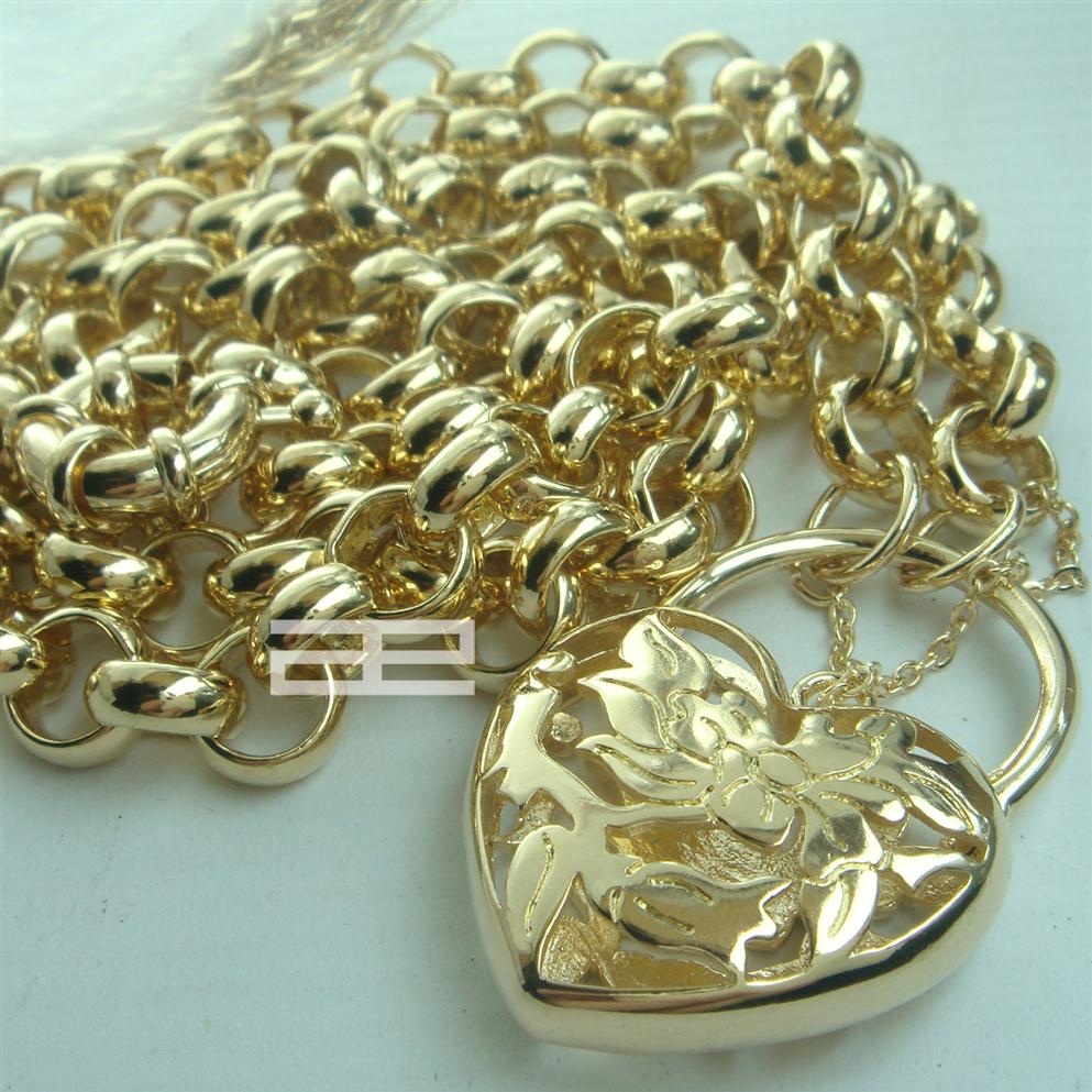 

18CT 18K Gold Filled Heart Belcher Bolt Ring chain padlock Solid necklace N188227U