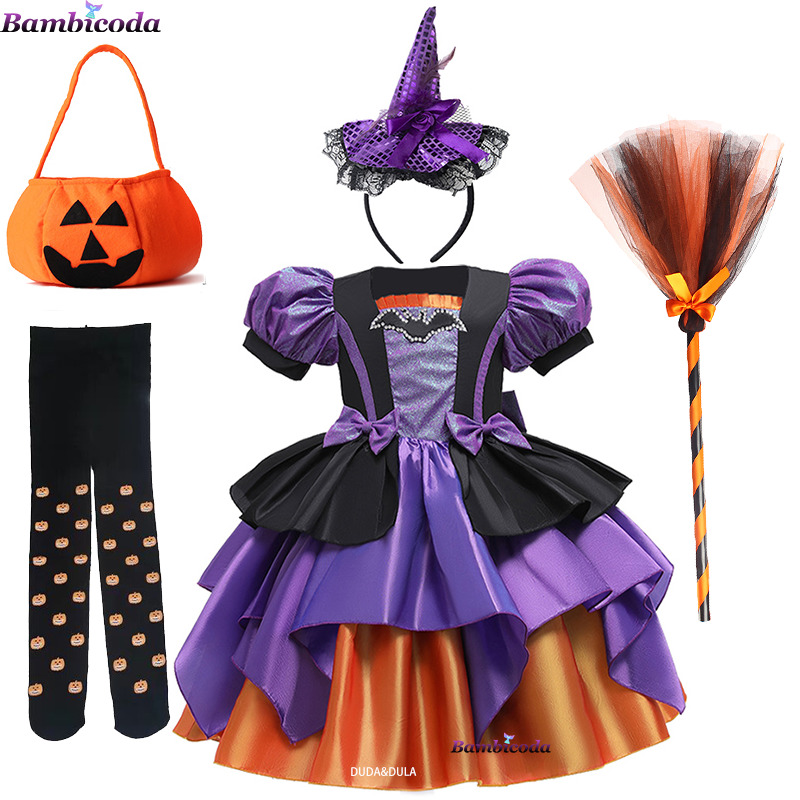 Girls Fancy Pumpkin Halloween Dress Kids Cosplay Bat Print Witch Festival Party Ball Gown Children Princess Costume-image-778762803