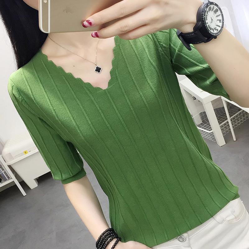 

Women's Blouses & Shirts Femme Top Tops Women Short Sleeve Knit Blouse Blusas Mujer De Moda 2022 V-Neck Knitted Pullover E918, Green