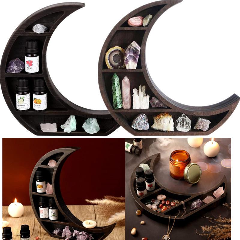 Hooks & Rails Moon Shelf Room Decor Crystal Floating Wooden Essential Oil Wall Mounted Shelves Burnt Color Storage Holder Rack-image-759924582