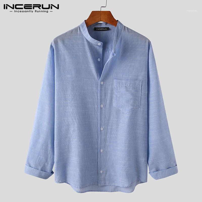 

Spring Men Solid Stand Collar Button Blouse INCERUN Leisure Striped Long Sleeve Shirts Man Casual Cotton Chemise S-5XL Men's, Grey