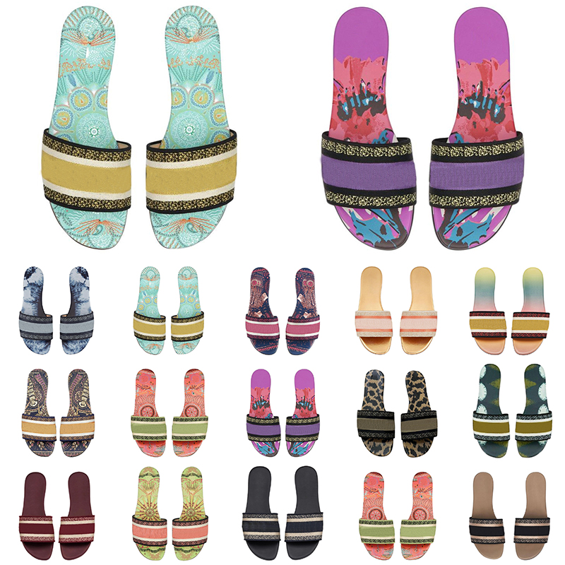 

Women Designer Sandals Slide Mule Flat Sandal Embroidered Slides Slippers Striped Gear Bottoms Summer Beach Shoes size 35-42, Item #22