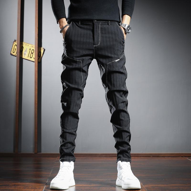 

Men's Pants Autumn Men Striped Casual Korean Streetwear Black Stretch Slim Fit TrousersMen's, Black b