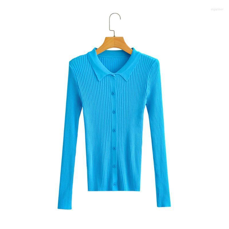 

Women' Knits & Tees Women' Spring Lapel Solid Color Knitted Cardigan Sweater Fashion Casual Thin Long-sleeved Bottoming CoatWomen' Ol, Blue