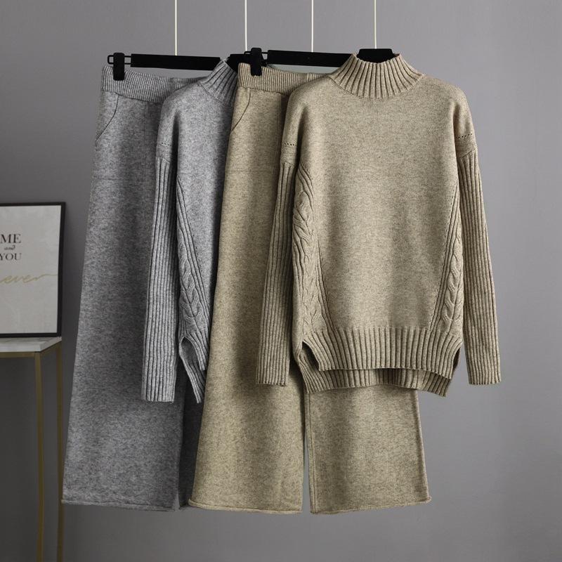 

Women's Two Piece Pants Ladies Autumn Winter Fashion Sweater Set Drape Knitted Wide-leg Women's SuitsWomen's, Gray