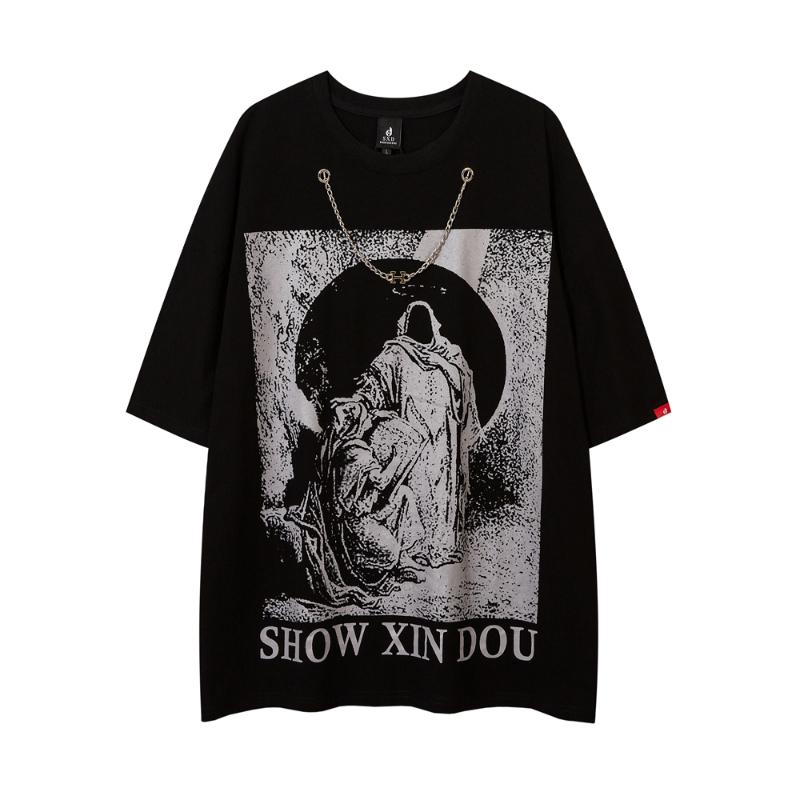 

Men's T-Shirts Goth Necklace Oversize Men's T-shirt Unisex Hip Hop Men Tshirt Streetwear Harajuku Gothic Clothes Short Sleeve Cotton Top, Black