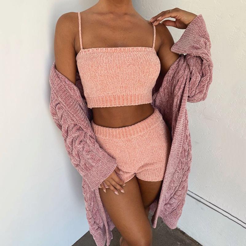 

Work Dresses Tobinoone Women' Autumn And Winter Suspender Exposed Navel Top Casual Shorts Knitted Sweater Solid Color SuitWork, Beige