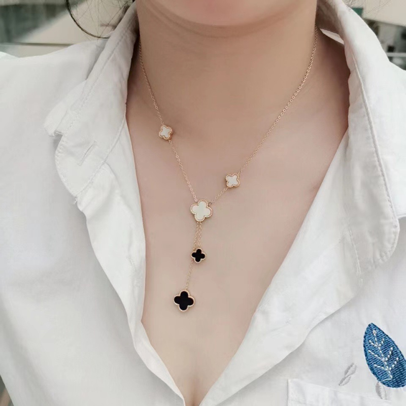 Luxury Brand Women Gift Clover Pendant Necklace Black White Double Side Stainless Steel 18k Rose Gold Ladies Jewelry-image-766194288