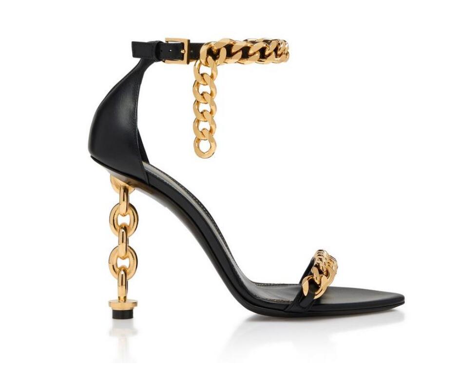 

Elegant Gold Chain Ankle-Strap Heeled Sandals stiletto Heels women Party Evening shoes 10.5cm open toe metallic Sculptural-heel Mirror leather luxury designers
