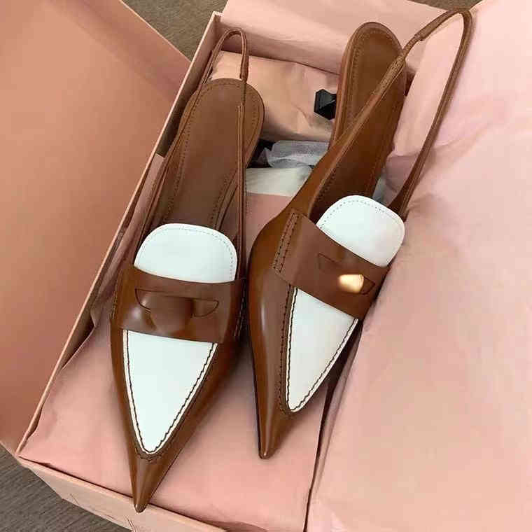 Miu gold coin pointed cat heel sandals women's 2022 new color matching Baotou cat heel pointed back thin heel shoes