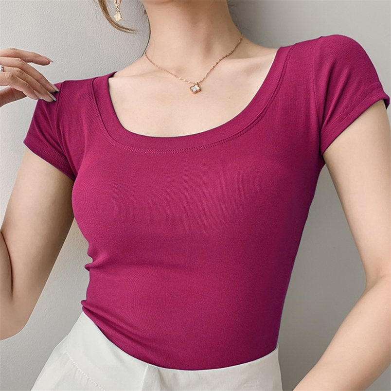 

Summer Cotton Tshirt Women Short Sleeve O neck Slim Red Basic T shirt Female Casual Elasticity Soild Tee Shirt Femme Woman tops 220628, White