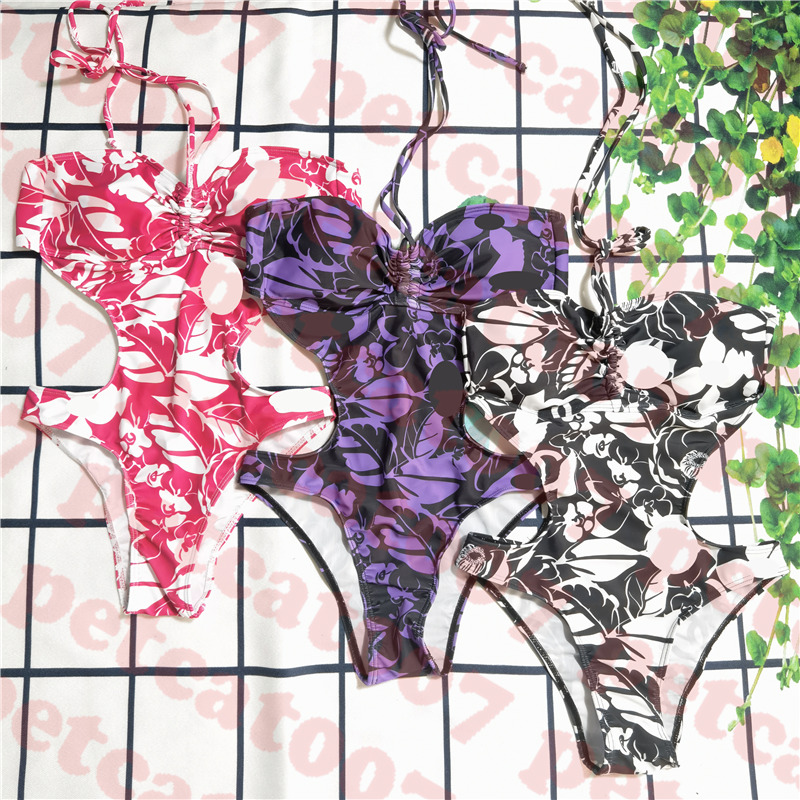 

Sexy Hollow Womens Swimsuit One Piece Flower Print Women Swimwear Bikini Tube Top Ladies Bikinis Three Colors