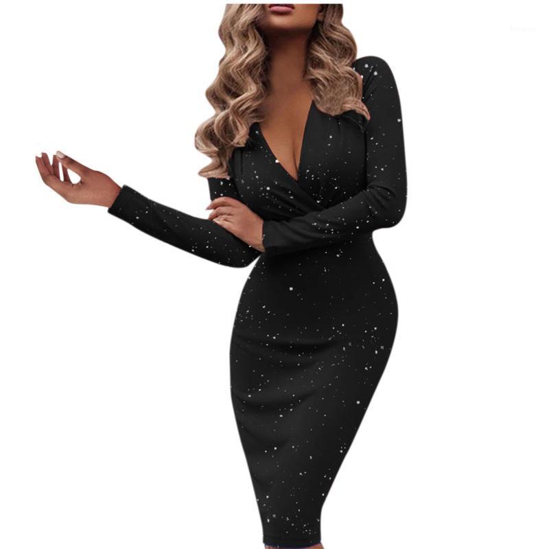 

Casual Dresses Elegant Office Lady Long Sleeve Work Dress Sexy Deep V Neck Sequins Glitter Bodycon Slim Evening Party Clubwear Vestidos, Red