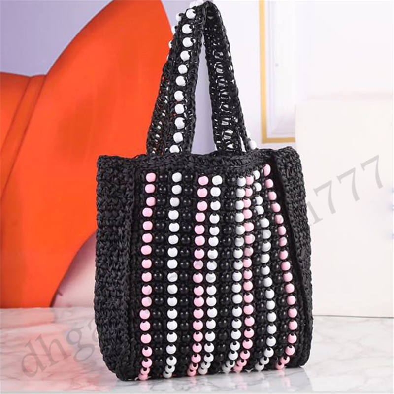 

Mini Cute Beaded Straw Women's Tote Bag Soft Shopping Bag for Women Designer Handbag 24x7x22cm, Beige