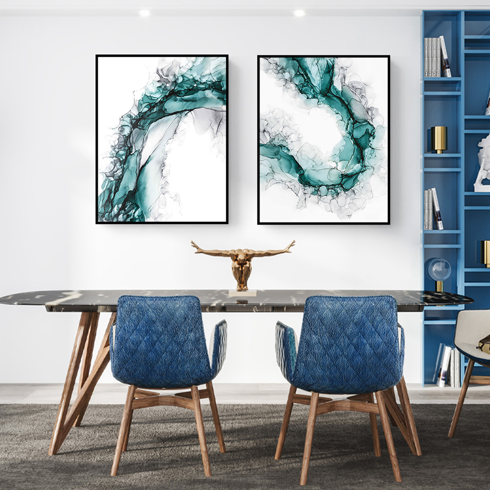 

Abstract Watercolor Blue Green With Black Painting On Canvas Nordic Modern Posters and Prints Wall Art For Home Decoration