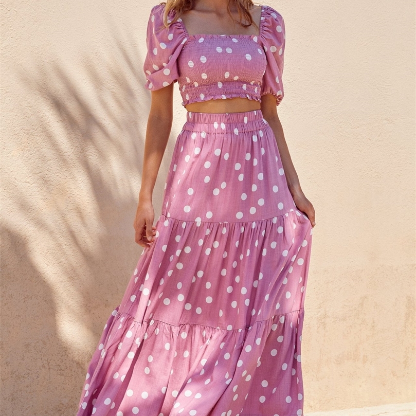 Femmes été deux pièces ensemble bohème Dot jupes costume épaules nues manches courtes culture hauts Aline plissée femme jupe ensembles 220611
