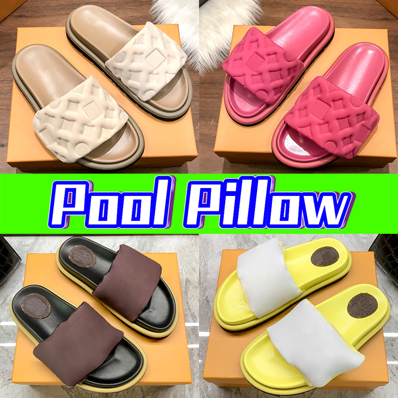

Luxury Slippers Pool Pillow Flat Comfort Embossed Mules Designer men Womens shoes Slides With Box nylon Cool Summer Slipper magic tape Sandals Fashion slide, Double box