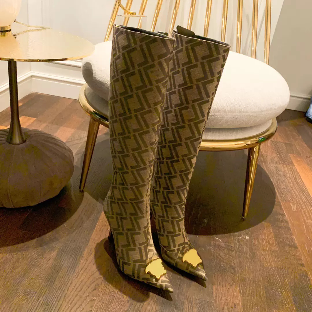 

Jacquard pattern stiletto heels tall boots F'end'ace Medusa embellished Back zip Buckle shoes pointed Toe Knee-high boot luxury designers shoe women factory footwear