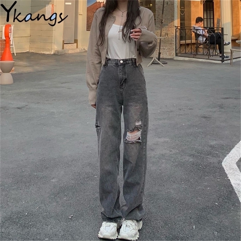 

Black Ripped Hole Wide-Leg Jeans High Street Korean Trendy Denim Women' Pants Loose Waist Streetwear Straight-Leg Trousers 220402