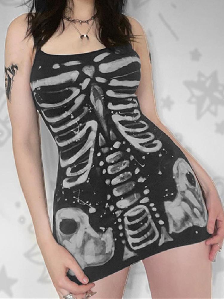 

Casual Dresses Women Female Gothic Style Sling Mini Dress Sleeveless Body Skeleton Printed Sexy Party Summer Wild Cami StreetwearCasual, Black