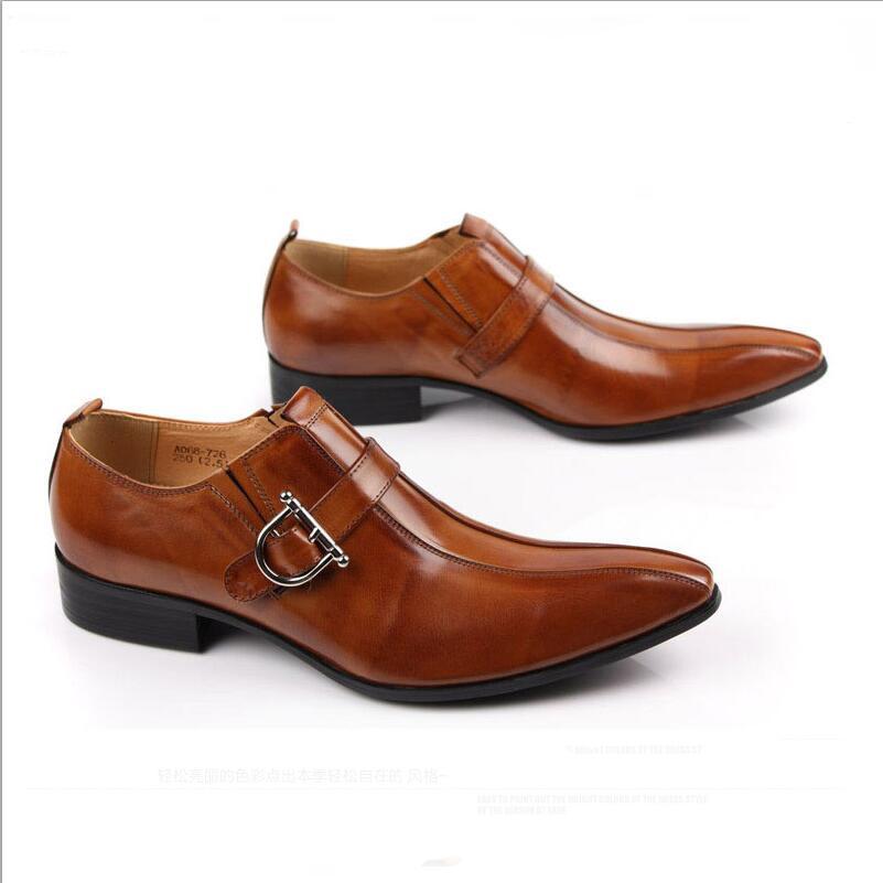 

Designer Men Dress Black Leather Pointed Toe Flats Shoes Cowhide Buckle Office Wedding party Shoes Da036