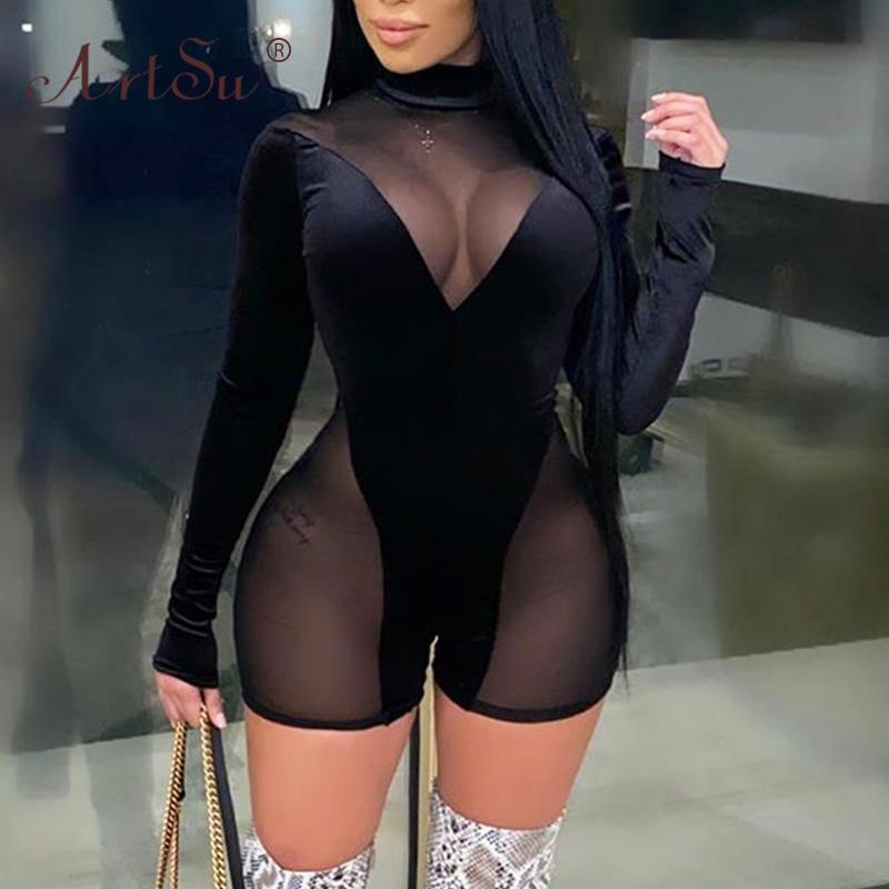 

Women's Jumpsuits & Rompers Black Sexy Playsuit Patchwork Velvet Mesh See Through Bodycon Jumpsuit Women Long Sleeve Club Outfits Playsuits