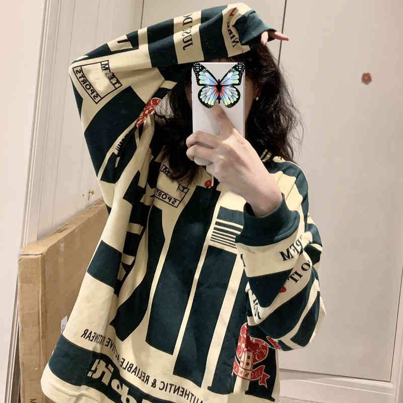 

co Designer HoodieExclusive correct cpfm branded green stripe printed polo shirt button cover long sleeve high street OS trend, Apricot green stripe