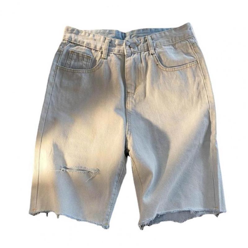 

Men's Jeans Summer Enim Shorts Casual Youth Five-point Ripped Pockets Cotton Stretchy Burr Elastic Short For DatingMen's, White